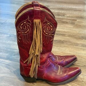 Tony Lama Red Leather Fringed Cowgirl Boot Size 9.5 with Classic Embroidery
